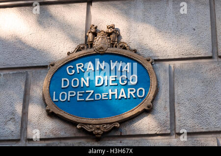 Signe de la rue Gran Via don Diego Lopez de Haro, Bilbao, Espagne Banque D'Images