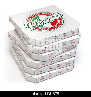 Boîtes à pizza stack isolé sur blanc, 3d illustration Banque D'Images