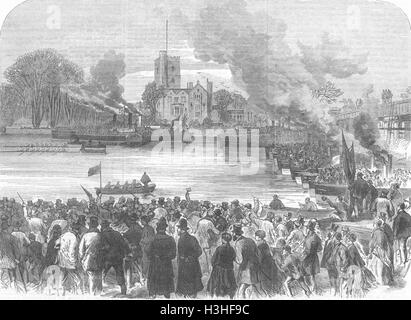 Université OXBRIDGE voile-race start de Putney 1869. Illustrated London News Banque D'Images