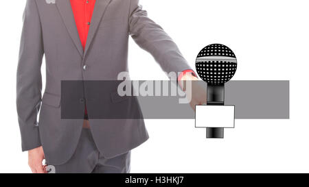 Jeune homme d'affaires avec microphone sur fond blanc Banque D'Images