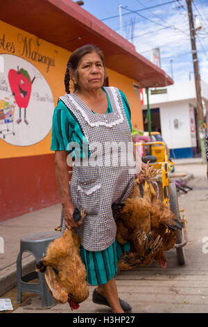 Une femme vendant des poulets à la vie marché du dimanche de Tlacolula de Matamoros, Mexique. Le marché de la rue régionale attire des milliers de vendeurs et consommateurs de l'ensemble de la Valles centrales de Oaxaca. Banque D'Images