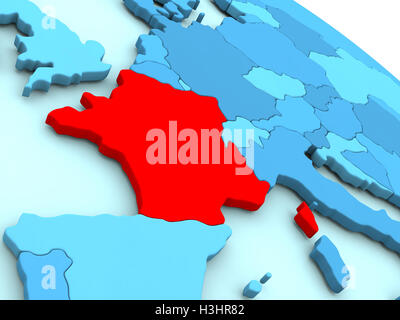 Illustration 3D de la France a souligné en rouge sur bleu globe Banque D'Images