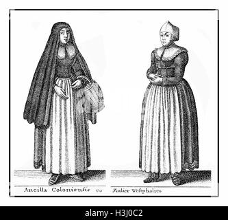 Allemagne, portrait de jeunes femmes à la mode de la classe ouvrière en costumes XVII siècle, gravure d'époque Banque D'Images