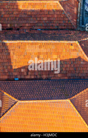 Vue détaillée des toits de tuiles orange dans la vieille ville de Porto, Portugal Banque D'Images