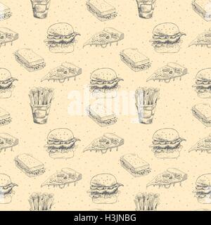 Fast food à la main. Burger, pizza, frites des illustrations détaillées. Idéal pour restaurant menu ou une bannière Illustration de Vecteur