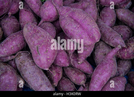 Tas de patates douces dans le marché. Banque D'Images