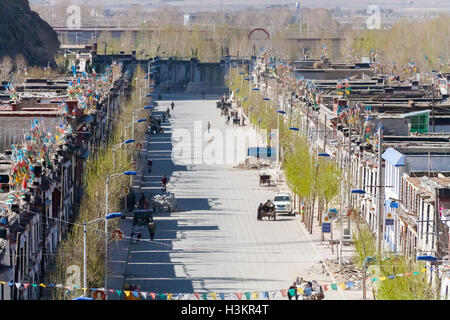 Vue surélevée du vieux village de Gyangtse, Tibet, Chine. Banque D'Images