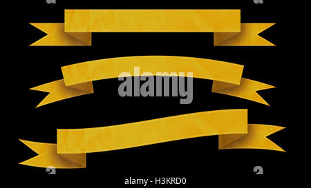 Ruban jaune 3 bannières pour votre texte sur fond noir. Banque D'Images