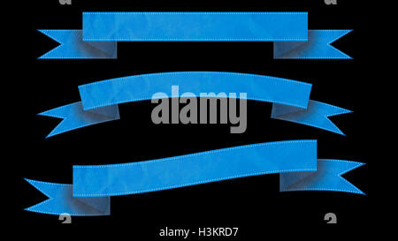 Ruban bleu 3 bannières pour votre texte sur fond noir. Banque D'Images