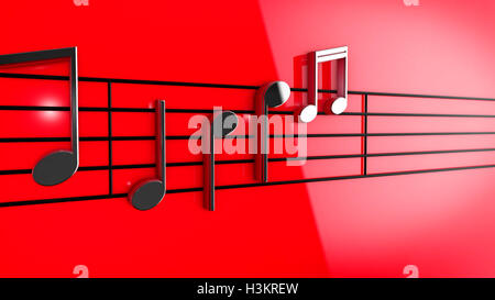 Les notes de musique en 3D sur des portées sur fond rouge. Banque D'Images