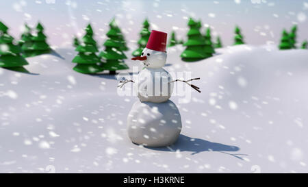 3D render of bonhomme de neige sur fond de terrain avec arbres. Le jour de Noël. Bonne Année. Banque D'Images