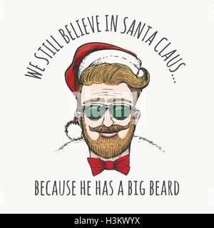 Guy avec des lunettes et un chapeau de Noël - Père Noël humour Hipster avec libellé. Vector illustration. Illustration de Vecteur