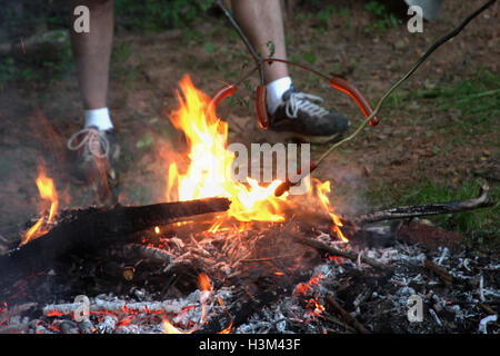 La cuisson des hot dogs au feu de camp Banque D'Images