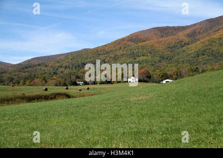 Paysage d'automne dans les montagnes Blue Ridge, Virginia, avec ferme et bottes de foin Banque D'Images