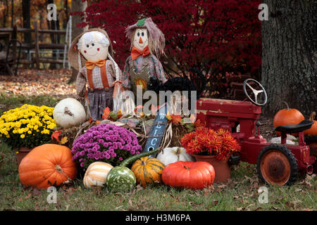 L'automne en plein air avec décoration de citrouilles et d'épouvantails Banque D'Images