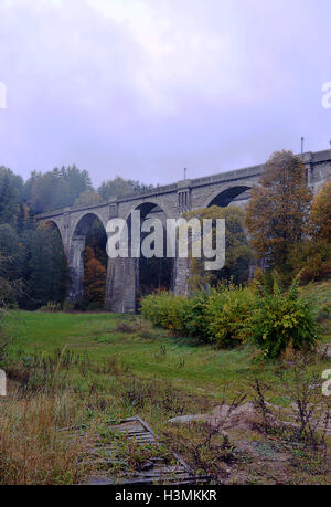 Deux viaducs ferroviaires à cinq arcades à Stanczyki, en Pologne, un jour d'automne brumeux. Banque D'Images