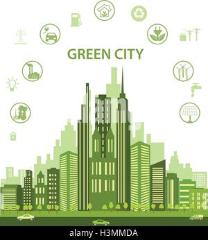 Green city concept avec différentes icônes et symboles éco. Conception de la ville moderne avec la technologie de l'avenir de la vie. Illustration de Vecteur