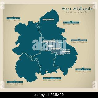 Carte moderne - West Midlands UK Illustration de Vecteur