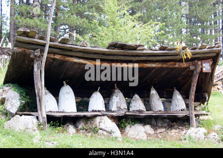 Les ruches traditionnelles anciennes tourné sur Zlatibor mount, Sirogojno, Serbie. Banque D'Images