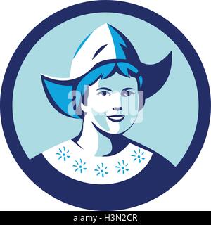 Illustration d'un Dutch Lady portant chapeau traditionnel néerlandais néerlandais ou bonnet qui ressemblent à l'infirmière au hat face à l'avant fixé à l'intérieur du cercle fait en style rétro. Illustration de Vecteur