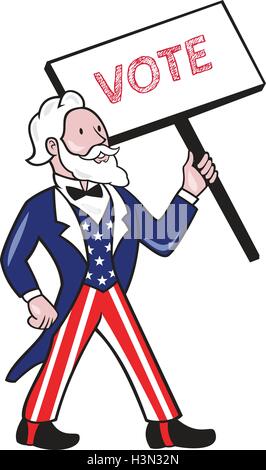 Illustration de l'Oncle Sam porter american stars and stripes suit l'article à la recherche sur le côté de l'étiquette avec le mot holding VOTE vue de l'avant ensemble isolées sur fond blanc fait dans un style de dessin animé. Illustration de Vecteur