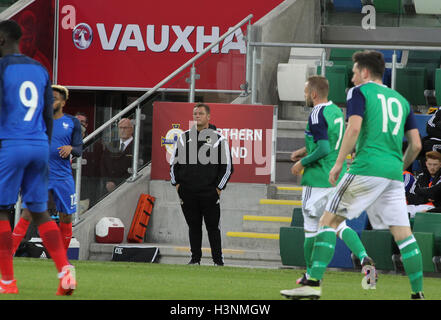 Stade national de football à Windsor Park, Belfast, Irlande du Nord, 11 octobre 2016. L'Irlande du Nord U21 entraîneur Jim Magilton montres l'action. David Hunter/Alamy Live News. Banque D'Images