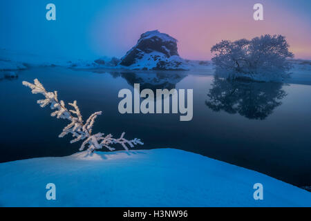 Hiver coucher de soleil sur le lac Myvatn (Islande). Banque D'Images