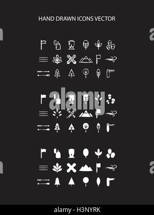 Camping icon set hand drawn vector illustration sur fond noir Illustration de Vecteur