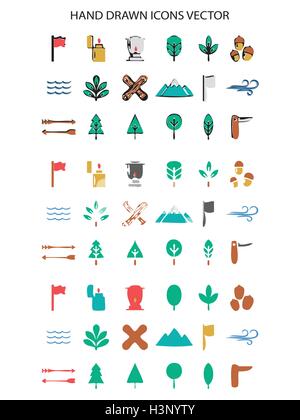 Camping couleurs icon set hand drawn vector illustration sur fond blanc Illustration de Vecteur