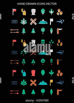 Camping couleurs icon set hand drawn vector illustration sur fond noir Illustration de Vecteur