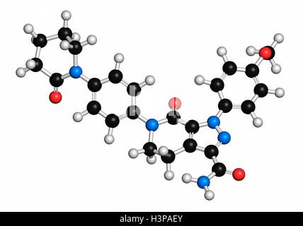 Molécule d'anticoagulant apixaban (inhibiteur du facteur Xa direct). Les atomes sont représentés comme des sphères classiques avec codage couleur : blanc (hydrogène), carbone (noir), l'oxygène (rouge), l'azote (bleu). Banque D'Images