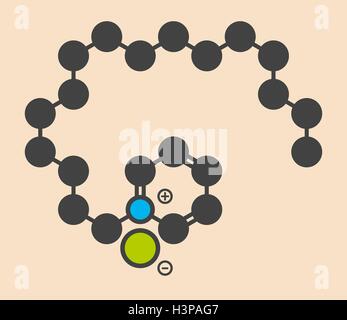 De cétylpyridinium molécule antiseptique. Formule topologique stylisé (structure chimique). Les atomes sont représentés par des cercles de couleur : l'hydrogène (caché), carbone (gris), l'azote (bleu), le chlore (vert). Banque D'Images