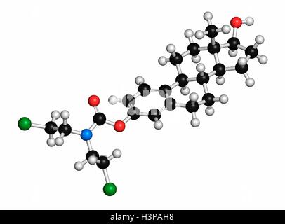 Chimiothérapie du cancer de la prostate l'estramustine molécule pharmaceutique. Les atomes sont représentés comme des sphères classiques avec codage couleur : blanc (hydrogène), carbone (noir), l'azote (bleu), le chlore (vert). Banque D'Images