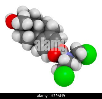 Chimiothérapie du cancer de la prostate l'estramustine molécule pharmaceutique. Les atomes sont représentés comme des sphères classiques avec codage couleur : blanc (hydrogène), carbone (gris), l'azote (bleu), le chlore (vert). Banque D'Images
