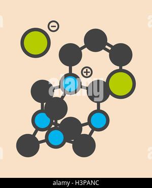 Quaternium-15 surfactant et molécule de préservation (formaldéhyde) outil de libération. Formule topologique stylisé (structure chimique). Les atomes sont représentés par des cercles de couleur : l'hydrogène (caché), carbone (gris), l'azote (bleu), le chlore (vert). Banque D'Images