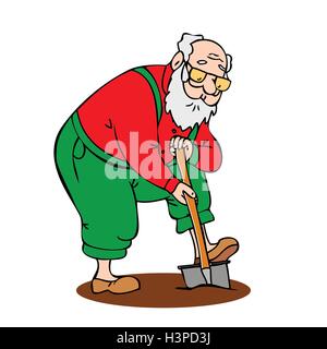 Ces vieux homme travaillant dans le jardin. Grand-père avec une longue barbe pelle creuse jusqu'au sol. Vector cartoon coloré illustrati Illustration de Vecteur