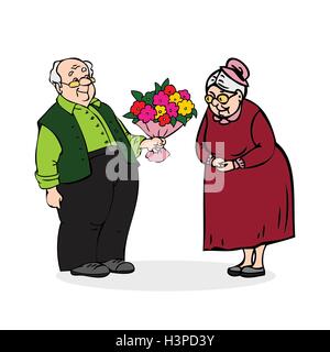 Heureux couple de personnes âgées. Vieil homme avec un bouquet de fleurs. Les hommes âgés de bouquet donne dame âgée. Drôle homme plus âgé et une femme. Illustration de Vecteur