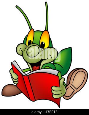 Happy Green Bug Reading Book Illustration de Vecteur