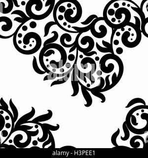 Fond noir et blanc, texture dentelle vecteur ornement, modèle sans couture ondulée ,tourbillons monochrome,points de feuilles. Remplages Floral Illustration de Vecteur