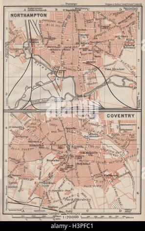 Ville de Northampton et les plans de la ville de Coventry. Pre La Seconde Guerre mondiale. Midlands 1906 carte ancienne Banque D'Images