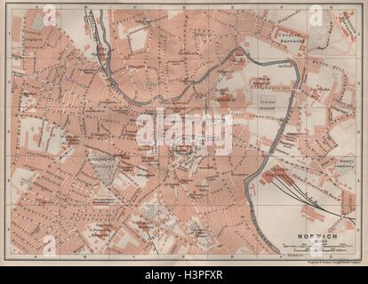 Ville antique de Norwich city centre plan. Le Norfolk. 1906 BAEDEKER ancienne carte Banque D'Images
