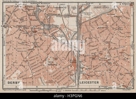 DERBY & Leicester city plans ville antique. Des Midlands. 1927 BAEDEKER ancienne carte Banque D'Images