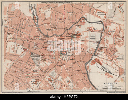 Ville antique de Norwich city centre plan. Le Norfolk. 1927 BAEDEKER ancienne carte Banque D'Images