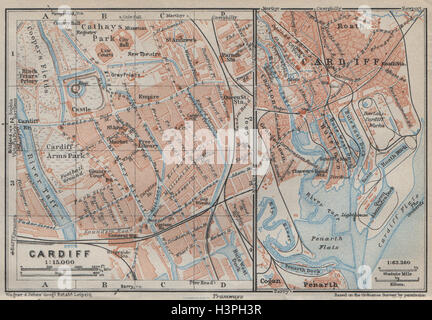 Plan de la ville ville de Cardiff. St David's Centre Newtown Century Wharf. Pays de Galles 1927 map Banque D'Images