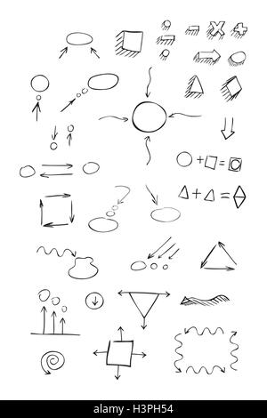 Les flèches à la main fine, talk bubble, formes géométriques, de symboles mathématiques peints en noir sur fond blanc. Doodle, sketch Illustration de Vecteur