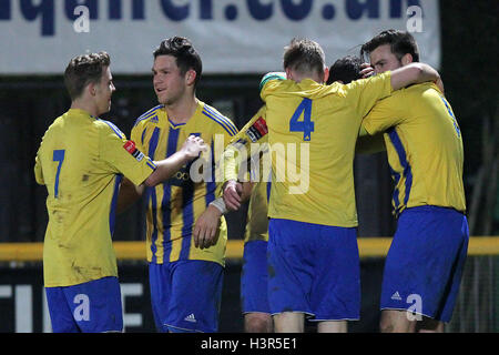 Romford célèbrent leur premier but marqué par Nick Reynolds - Romford vs Brentwood - Ryman League Division One North Foot à Ship Lane, Thurrock FC - 19/02/14 Banque D'Images