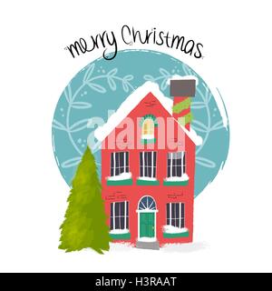 Joyeux Noël à la main avec illustration coloré décoré maison couverte de neige. Vecteur EPS10. Illustration de Vecteur