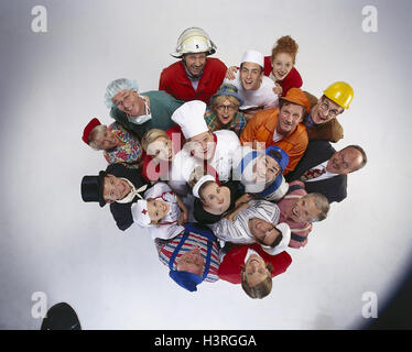 Guildes professionnelles, d'en haut, Groupe, hommes, femmes, profession, professions, différents, d'une manière différente, fusionnés, vêtements de travail, vêtements de travail, choix, choix, possibilité, de variété, de choix de carrière, les employés de bureau, les travailleurs, les professions des services, craftsme Banque D'Images