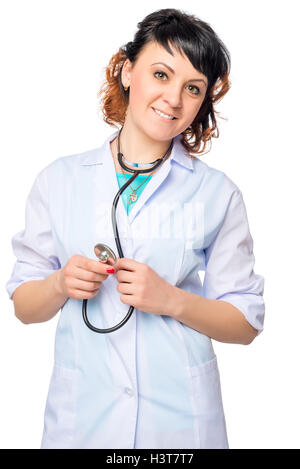 Femme médecin dans un manteau de laboratoire médical avec stéthoscope sur fond blanc Banque D'Images