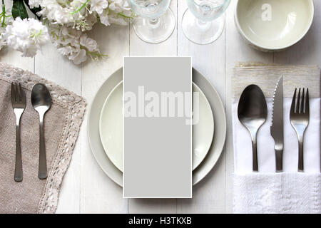 Carte de Table, maquette maquette menu. La photographie de mode vintage. Dîner de mariage design. Place card, carte réservés. Banque D'Images